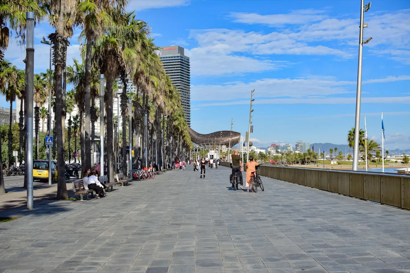 Paseo amplio de adoquines junto al mar, con palmeras, ciclistas, un rascacielos y una escultura metálica en forma de pez al fondo